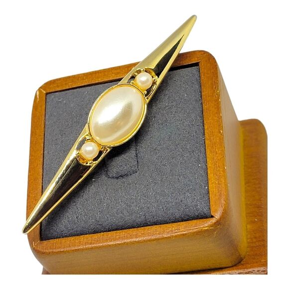 Vintage Brooch Acrylic Imitation Pearl 3" Gold Tone Statement Costume Jewelry - Picture 4 of 5